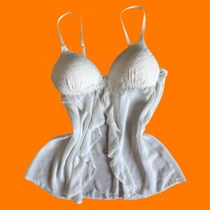 00's vintage white lace floral chiffon y2k bridal wedding babydoll lingerie XL